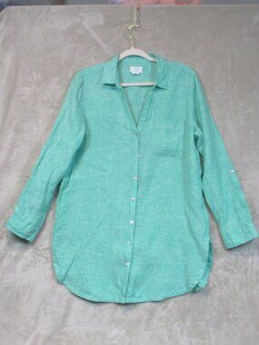 Sigrid Olsen Shirt Womens Medium Green Linen Button Front Long Sleeve Pocket